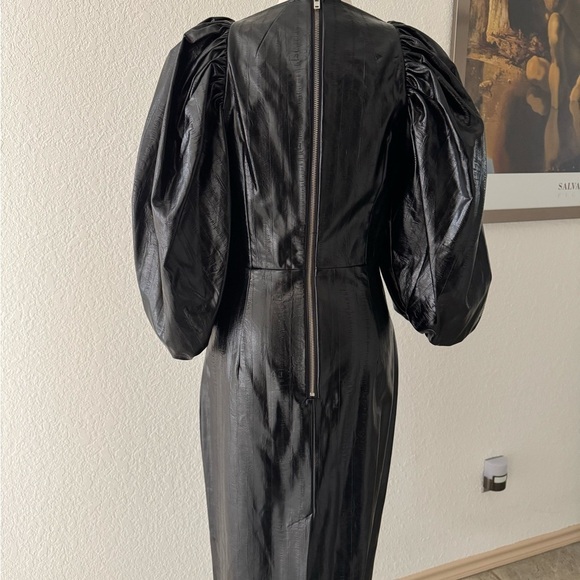 Rotate Birger Christensen Irina Faux Leather Knee Length Dress Puff Sleeves Sz 6 - Picture 10 of 12